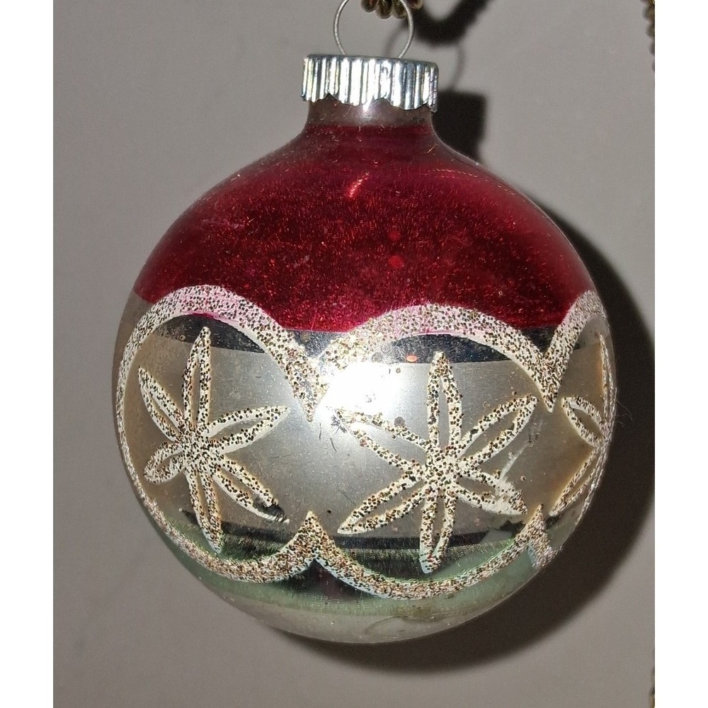 Vintage Shiny Brite Glass Christmas Ornament 3" Red Silver Glitter Flowers USA